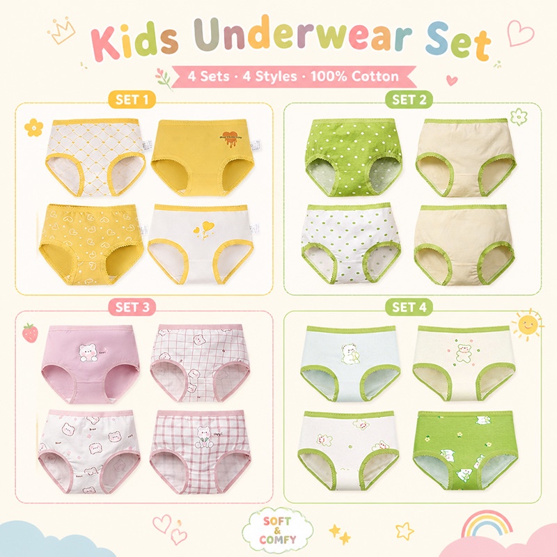 【ส่งด่วน】👧 กางเกงในเด็กผู้หญิง 4 ชิ้น ผ้าฝ้าย 100% ลายน่ารัก นุ่มสบาย ไซส์ 2-12 ปี #TUBA Kids