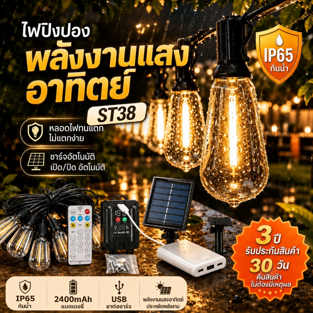 ไฟวินเทจLED ไฟสตริงโซล่าเซลล์ st38 ไฟปิงปอง โซล่าเซลล์  ไฟกลางแจ้ง IP65 กันน้ำ ประหยัดไฟมาก เหมาะสำหรับวันหยุด ปาร์ตี้ ตกแต่งสวน และลานกลางแจ้ง