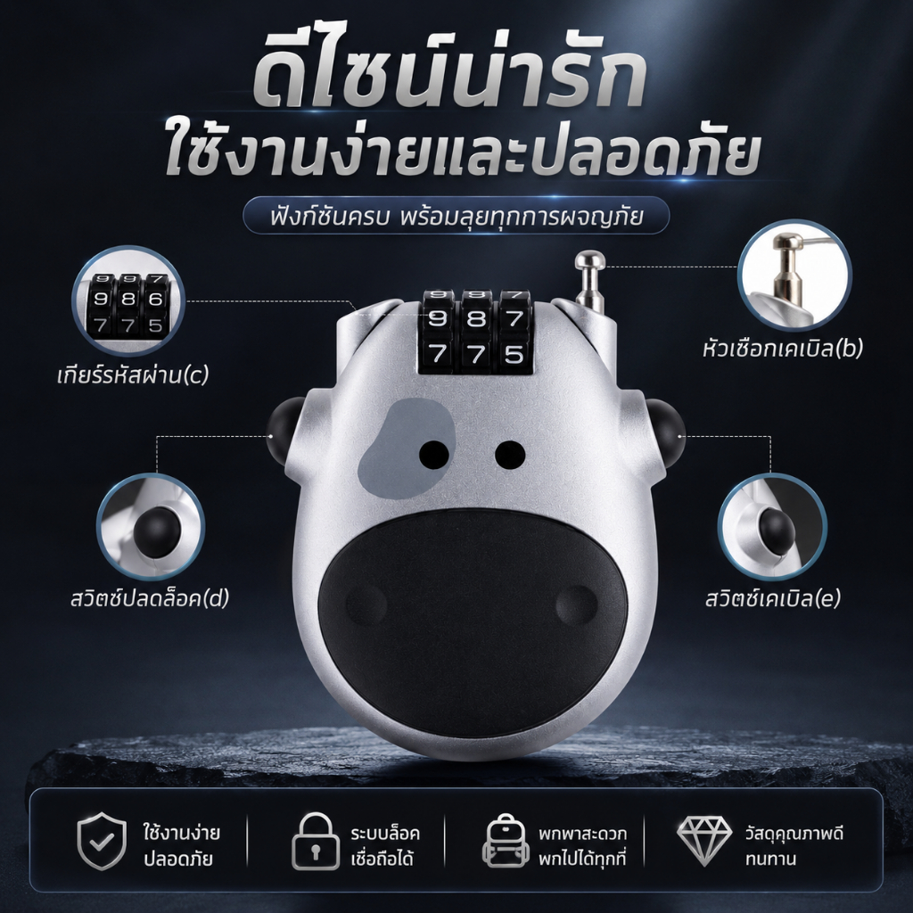 กุญแจล็อคสายสลิง ล็อครหัสกันขโมย สายล็อคจักรยาน หมวกกันน็อค กระเป๋าเดินทาง พกพาสะดวก แข็งแรงทนทาน S00002