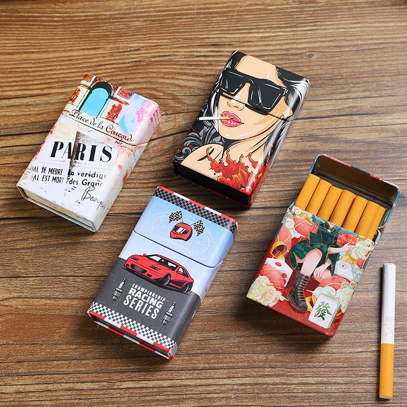 Vintage Nostalgic Tinplate เคสบุหรี่โลหะ 20-Stick ชุดสร้างสรรค์ส่วนบุคคลรูปแบบ Moisture-Proof ปิดผนึกยาสูบกรณี