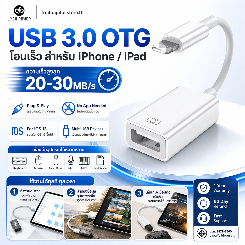 โอนรูปไฟล์เร็ว USB3.0 OTG อะแดปเตอร์เชื่อมต่อดิสก์ U คีย์บอร์ด เมาส์ หูฟัง ไมค์ รองรับ iOS13+ ใช้งาน