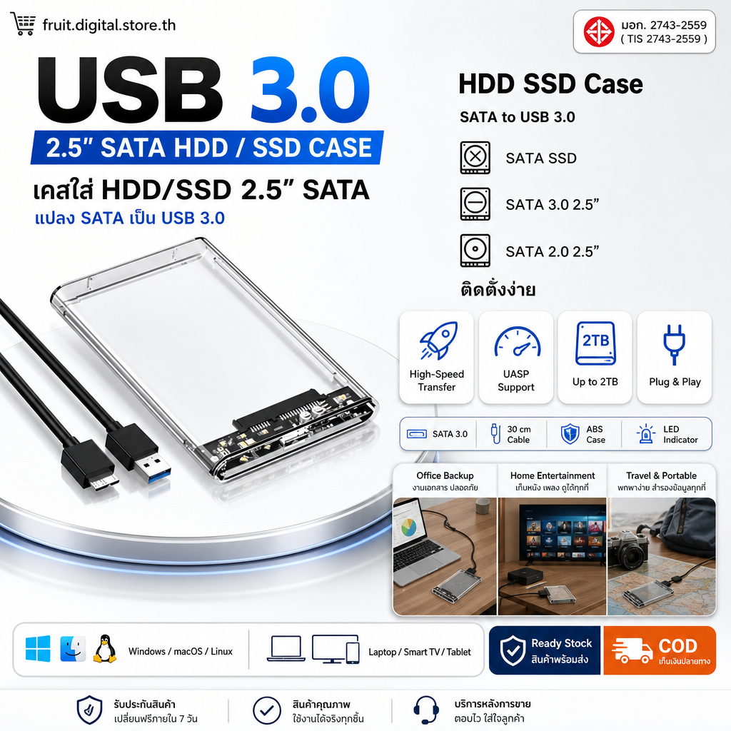 กล่องฮาร์ดดิสก์ใส USB3.0 2.5 นิ้ว SSD HDD ภายนอก รองรับ SATA3 UASP สูงสุด 2TB พกพาง่าย ใช้งานกับพีซี โน้ตบุ๊ก ทีวี fruit.digital.store.th