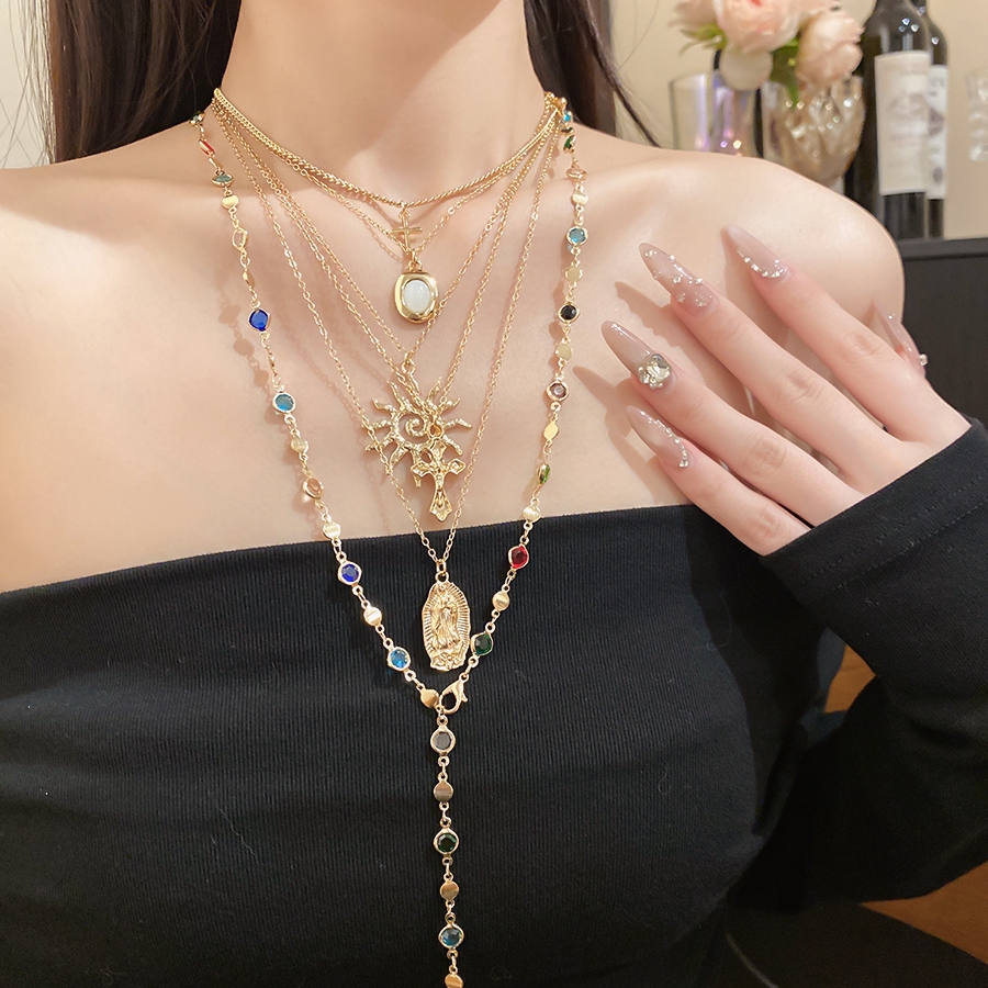 6 ชิ้น Gold Tone Layered สร้อยคอชุด Stackable สร้อยคอ Sun Cross Saint จี้สี CZ Rhinestone Accent Vin
