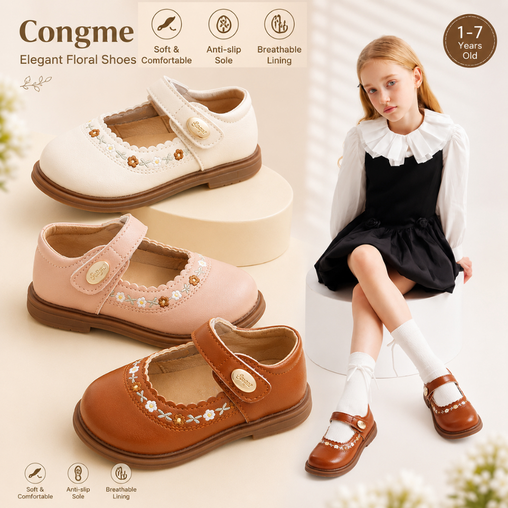 Congme รองเท้าหนัง ส้นแบน ลายดอกไม้น่ารัก สไตล์เกาหลี สําหรับเด็กผู้หญิง อายุ 1-10 ปี