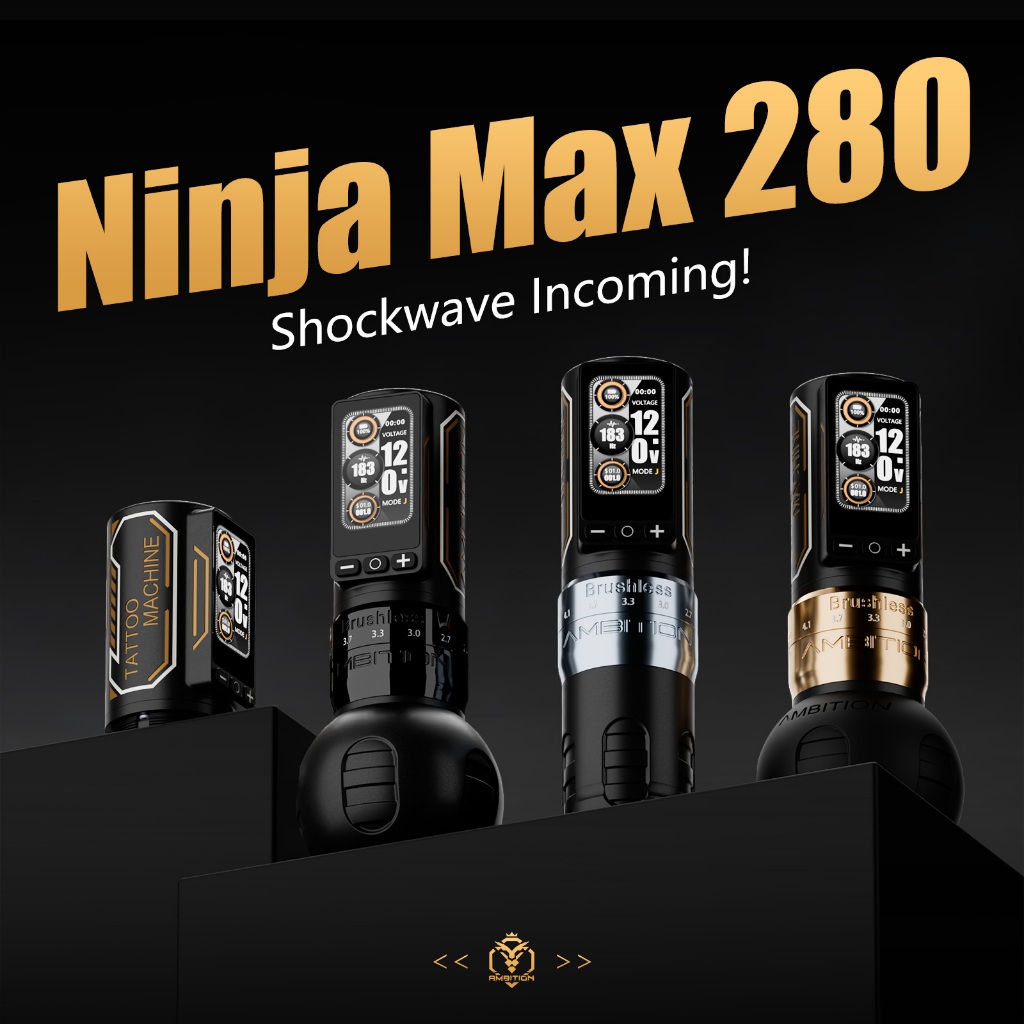 Ambition Ninja Max 280 เครื่องสักไร้สาย มอเตอร์ไร้แปรง 4.5 มม. ปากกาสักมืออาชีพ สำหรับงานสัก งาน SMP และงานกึ่งถาวร พร้อมกริป 2 แบบ