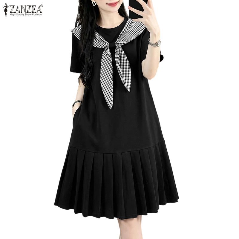 ZANZEA ซานเซีย ผู้หญิงเกาหลีลําลองคอกลมแขนสั้นหลวมจีบชุดตาหมากรุก