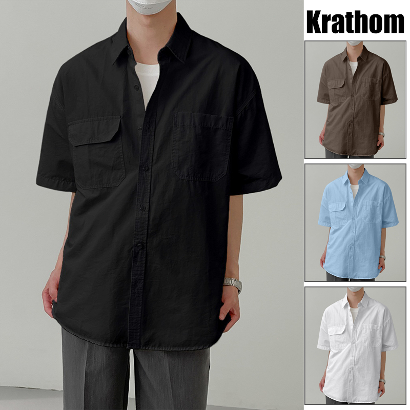 เสื้อเชิ้ตแขนสั้นสไตล์เกาหลี มินิมอล ดีไซน์หลวมล้ำสมัย สีเรียบหรู ระดับพรีเมียม ใส่ได้คลุกคลี ไอเท็มต้องมีในตู้