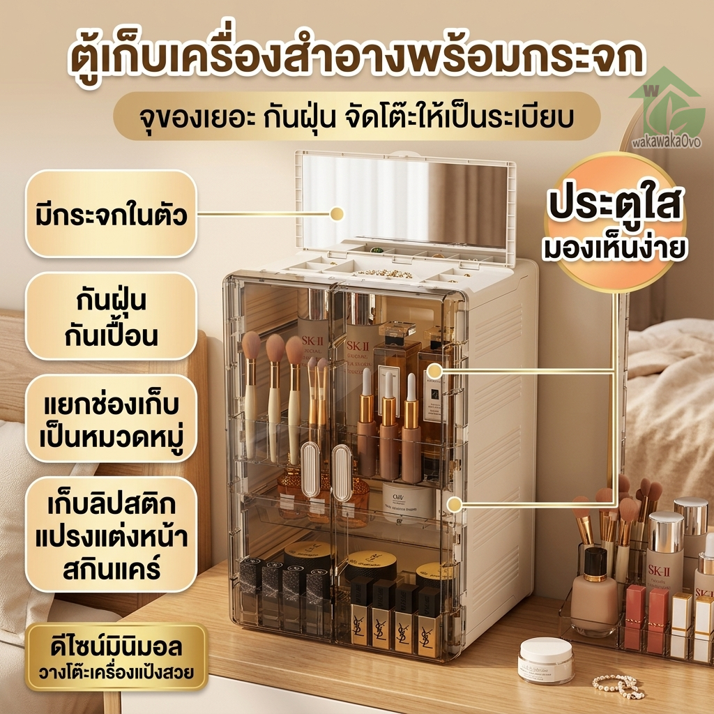 ตู้เก็บเครื่องสำอางพร้อมกระจก กล่องเก็บสกินแคร์ขนาดใหญ่ กล่องเก็บของบนโต๊ะเครื่องแป้ง ประตูใสกันฝุ่น จุของเยอะ หลายชั้น แยกช่องลิปสติก แปรงแต่งหน้า เครื่องประดับ หยิบง่าย จัดระเบียบห้องนอน ห้องน้ำ ดีไซน์มินิมอล
