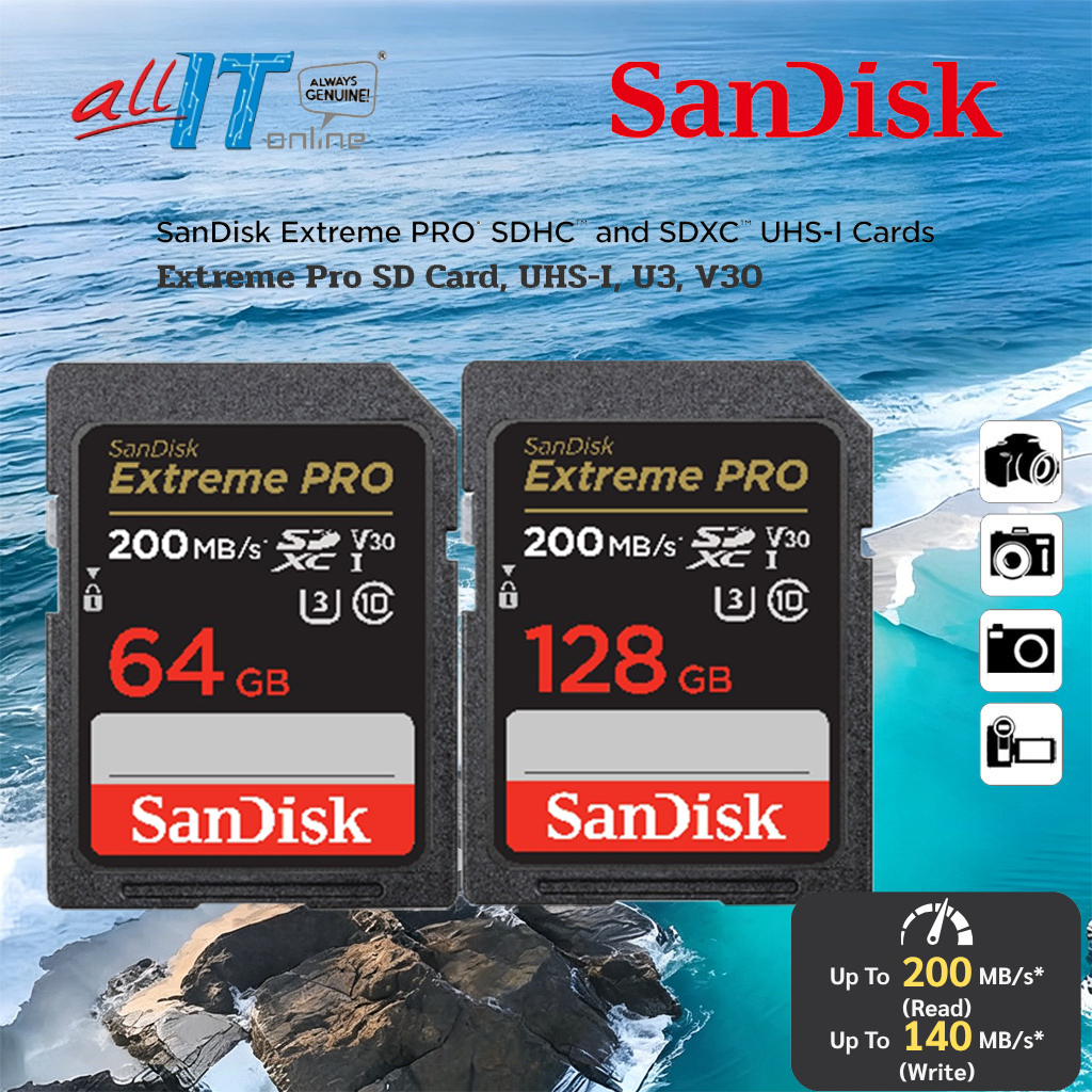 SanDisk Extreme Pro SD Card SDXC Speed R 200MBs 32GB 64GB 128GB ( SDSDXXD ) เมมโมรี่การ์ด กล้อง DSLR