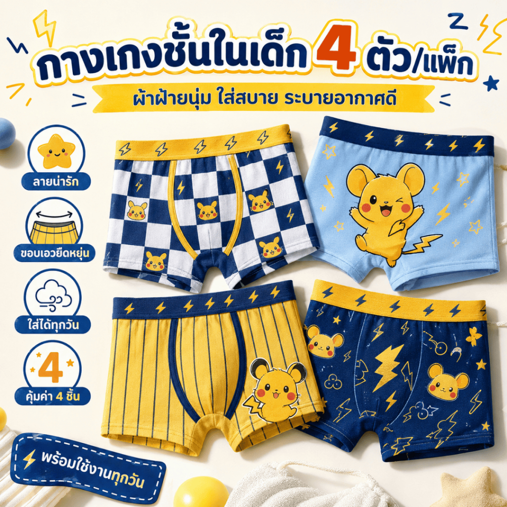 ส่งจากไทย กางเกงในเด็กชาย 4 ตัว ลายอนิเมะ สวมใส่ง่าย[from ผ้าฝ้ายบริสุทธิ์]