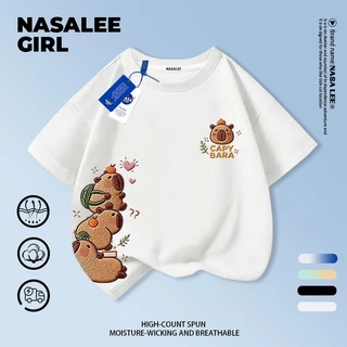 [กรุงเทพฯ จัดส่ง] เด็กผ้าฝ้ายสีเหลืองสีฟ้าลายเสื้อยืดออกแบบการ์ตูน คาปิบาระ เย็บปักถักร้อยสนุกพิมพ์ฤดูร้อนเสื้อผ้าระบายอากาศแขนสั้นเหมาะสําหรับ 3-16ชายหญิง