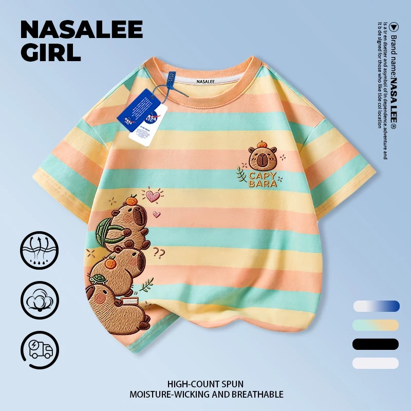 [กรุงเทพฯ จัดส่ง] เด็กผ้าฝ้ายสีเหลืองสีฟ้าลายเสื้อยืดออกแบบการ์ตูน คาปิบาระ เย็บปักถักร้อยสนุกพิมพ์ฤดูร้อนเสื้อผ้าระบายอากาศแขนสั้นเหมาะสําหรับ 3-16ชายหญิง
