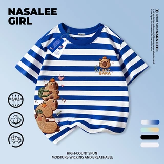 [กรุงเทพฯ จัดส่ง] เด็กผ้าฝ้ายสีเหลืองสีฟ้าลายเสื้อยืดออกแบบการ์ตูน คาปิบาระ เย็บปักถักร้อยสนุกพิมพ์ฤดูร้อนเสื้อผ้าระบายอากาศแขนสั้นเหมาะสําหรับ 3-16ชายหญิง