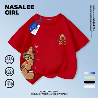 [กรุงเทพฯ จัดส่ง] เด็กผ้าฝ้ายสีเหลืองสีฟ้าลายเสื้อยืดออกแบบการ์ตูน คาปิบาระ เย็บปักถักร้อยสนุกพิมพ์ฤดูร้อนเสื้อผ้าระบายอากาศแขนสั้นเหมาะสําหรับ 3-16ชายหญิง