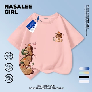 [กรุงเทพฯ จัดส่ง] เด็กผ้าฝ้ายสีเหลืองสีฟ้าลายเสื้อยืดออกแบบการ์ตูน คาปิบาระ เย็บปักถักร้อยสนุกพิมพ์ฤดูร้อนเสื้อผ้าระบายอากาศแขนสั้นเหมาะสําหรับ 3-16ชายหญิง