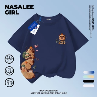 [กรุงเทพฯ จัดส่ง] เด็กผ้าฝ้ายสีเหลืองสีฟ้าลายเสื้อยืดออกแบบการ์ตูน คาปิบาระ เย็บปักถักร้อยสนุกพิมพ์ฤดูร้อนเสื้อผ้าระบายอากาศแขนสั้นเหมาะสําหรับ 3-16ชายหญิง