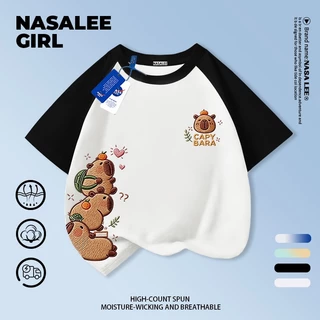 [กรุงเทพฯ จัดส่ง] เด็กผ้าฝ้ายสีเหลืองสีฟ้าลายเสื้อยืดออกแบบการ์ตูน คาปิบาระ เย็บปักถักร้อยสนุกพิมพ์ฤดูร้อนเสื้อผ้าระบายอากาศแขนสั้นเหมาะสําหรับ 3-16ชายหญิง