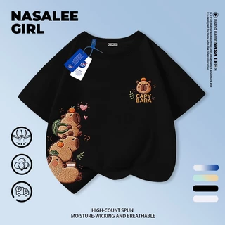 [กรุงเทพฯ จัดส่ง] เด็กผ้าฝ้ายสีเหลืองสีฟ้าลายเสื้อยืดออกแบบการ์ตูน คาปิบาระ เย็บปักถักร้อยสนุกพิมพ์ฤดูร้อนเสื้อผ้าระบายอากาศแขนสั้นเหมาะสําหรับ 3-16ชายหญิง