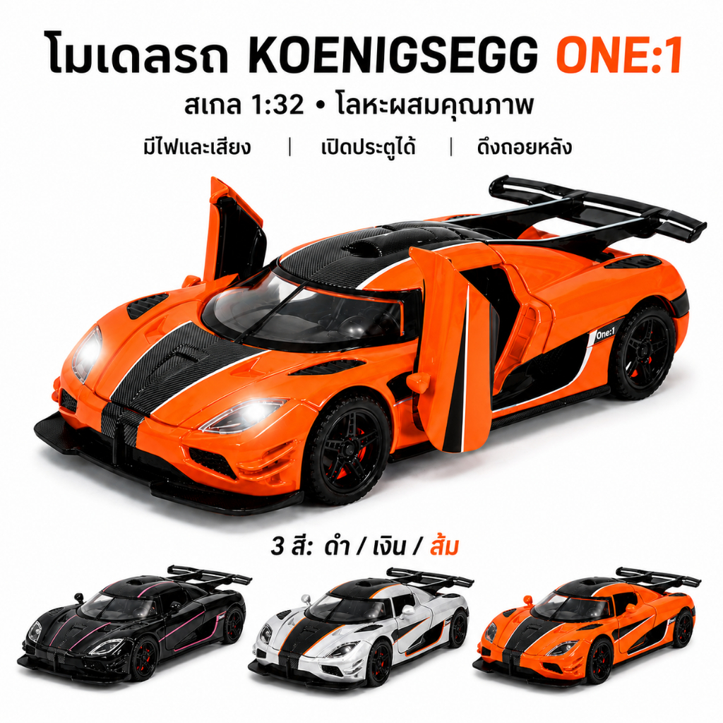 Koenigsegg ONE1 โมเดลรถเหล็ก 1:32 มีไฟเสียง เปิดประตูได้ ดึงถอยหลัง รถของเล่นสะสม