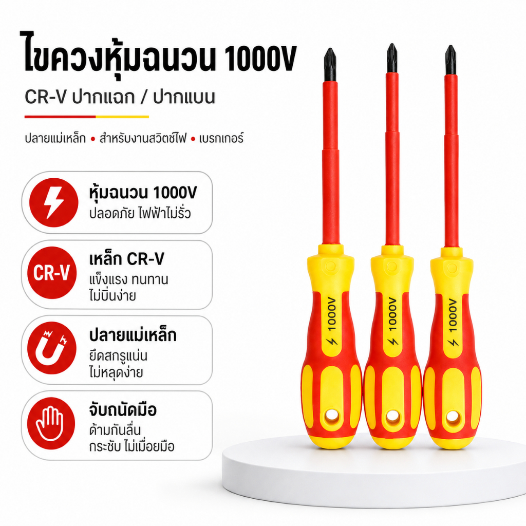 ไขควงหุ้มฉนวน 1000V CR-V ปากแฉก/ปากแบน ปลายแม่เหล็ก ไขควงช่างไฟ สวิตช์ไฟ เบรกเกอร์