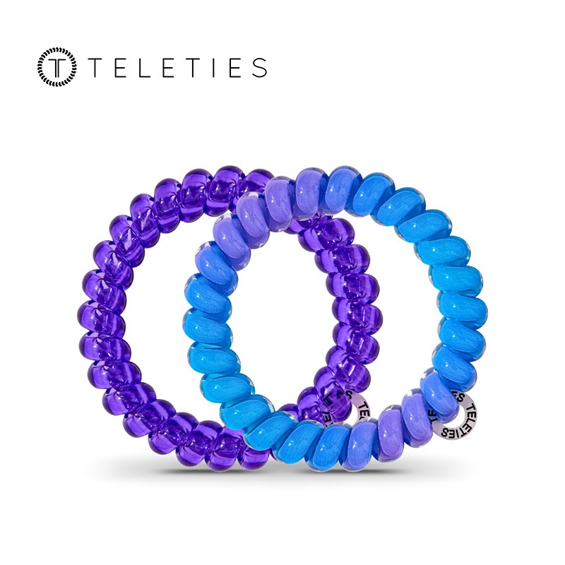 TELETIES - Electric Nights (คอลเลกชันที่สดใส) | ยางรัดผมแบบเกลียวสีฟ้า-สีม่วงนีออน ด้ามจับแข็งแรง ทนน้ํา ไม่ครีเอทีฟ | สําหรับผู้หญิงและเด็กผู้หญิง