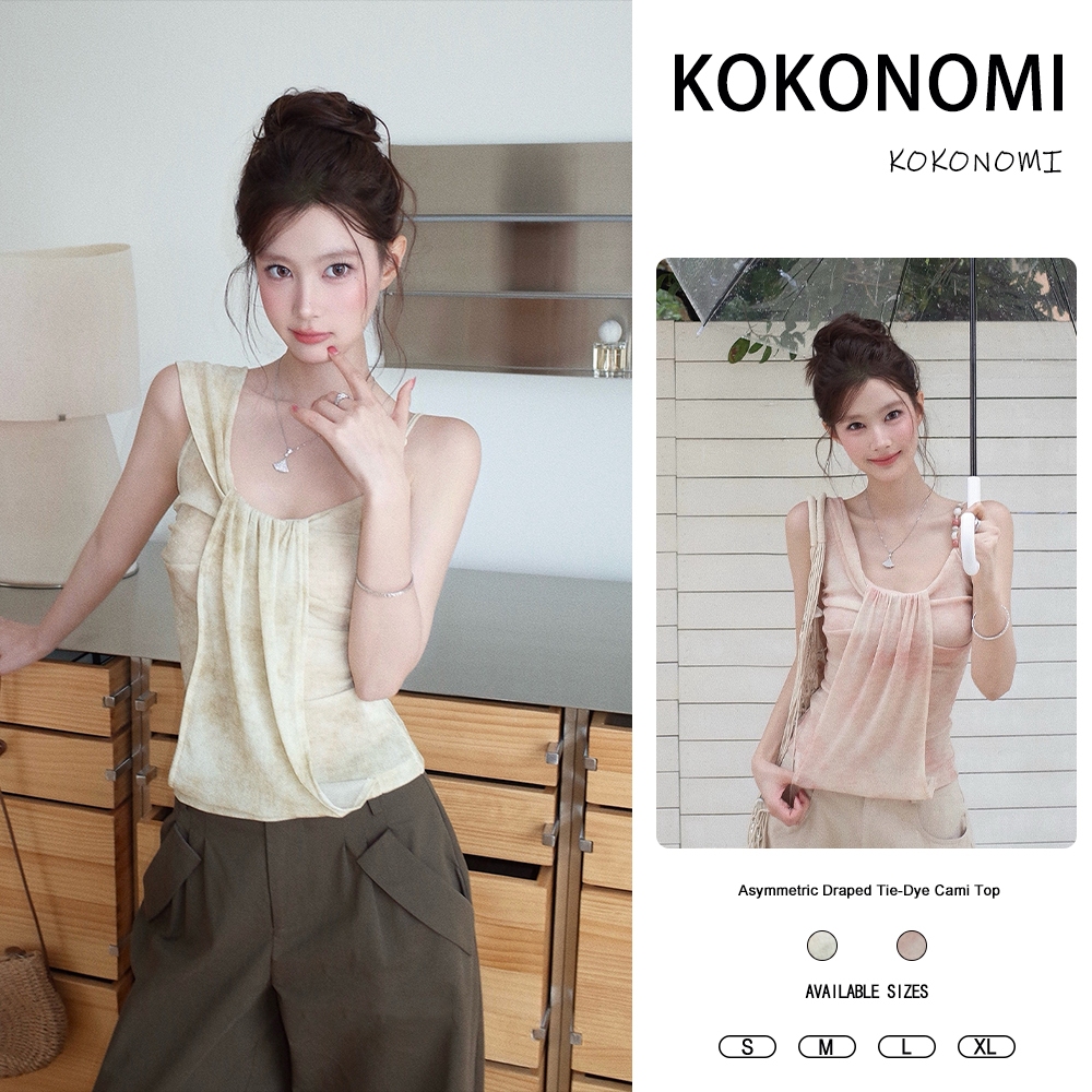 KOKOMI Tie-Dye Slim-Fit ผ้ากอซสองชั้นจีบเอว T