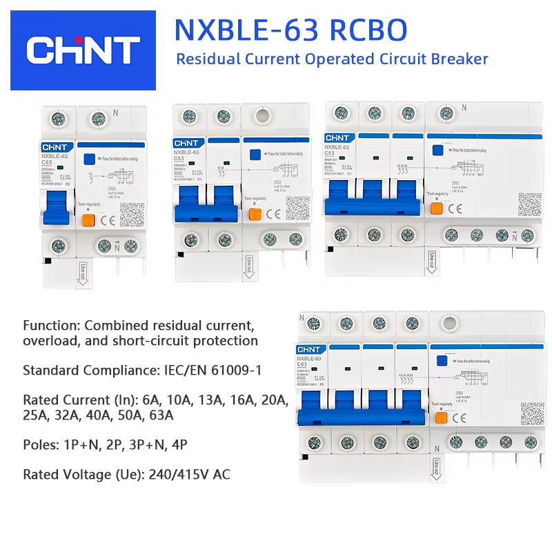 CHINT NXBLE NXBLE 32 NXBLE-63 C Curve Leakage Circuit Breaker RCCB rcbo 30mA Residual Current Protec