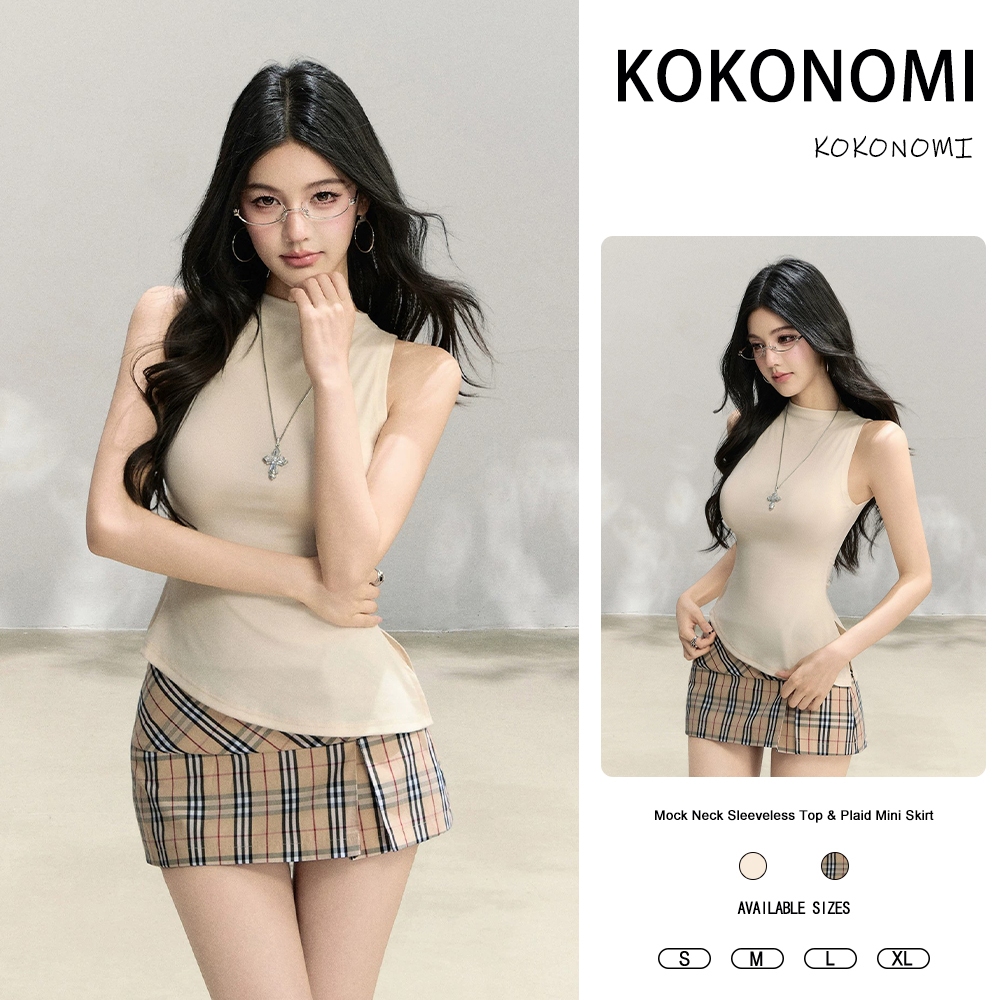 โคโคโนมิ เสื้อยืดแขนกุดเซ็กซี่+สีกาแฟตรวจสอบชุดกระโปรง