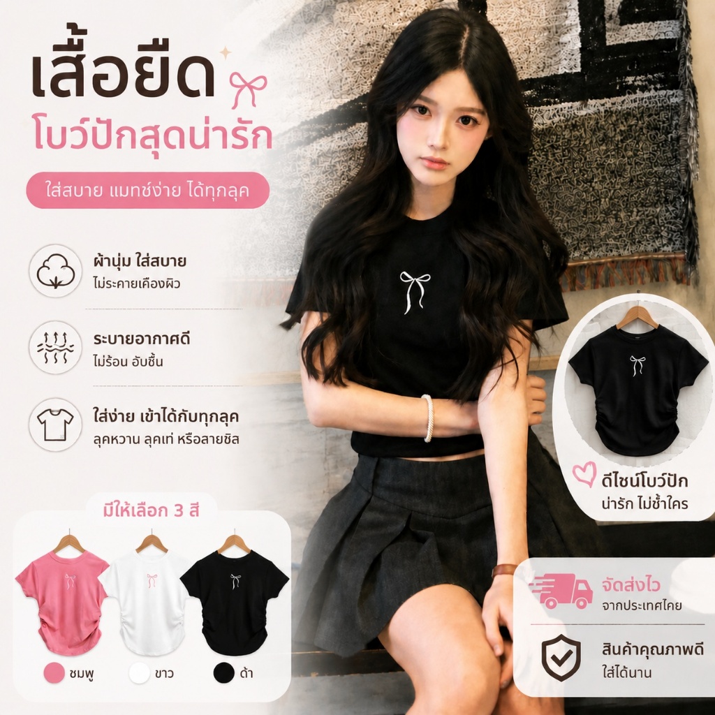 ✨พร้อมส่ง✨เสื้อผู้หญิง ทรงเข้ารูป เก็บเอว พรางหุ่น ผ้ายืดใส่สบาย สไตล์เกาหลี-T349