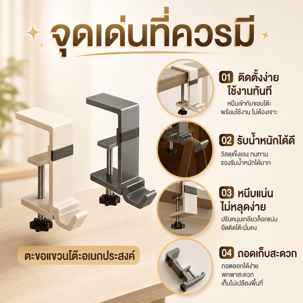 ตะขอข้างโต๊ะ ที่แขวนใต้โต๊ะ คลิปล็อค ปรับช่วง 1.4-5.8 ซม. แขวนกระเป๋า หูฟัง ประหยัดพื้นที่ ไม่ต้องเจาะ