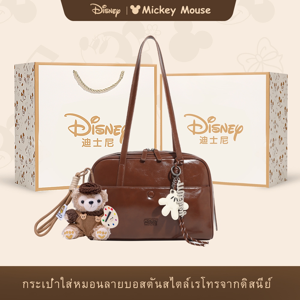 Disney Mickey Mouse กระเป๋าบอสตันสำหรับผู้หญิงกระเป๋าสะพายหนังวินเทจสไตล์เกาหลีกระเป๋าถือความจุขนาดใหญ่พร้อมเสน่ห์น่ารัก