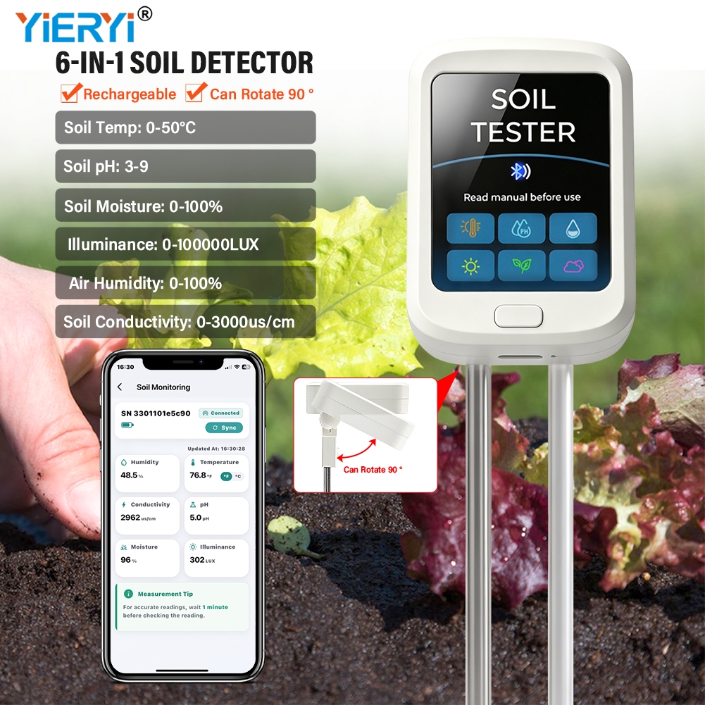 YIERI 6-IN-1 เครื่องตรวจจับดินบลูทูธ APP ชาร์จเครื่องทดสอบดิน pH ความชื้นอุณหภูมิ EC Light Air ความชื้นสําหรับสวนกระถางต้นไม้สนามหญ้า