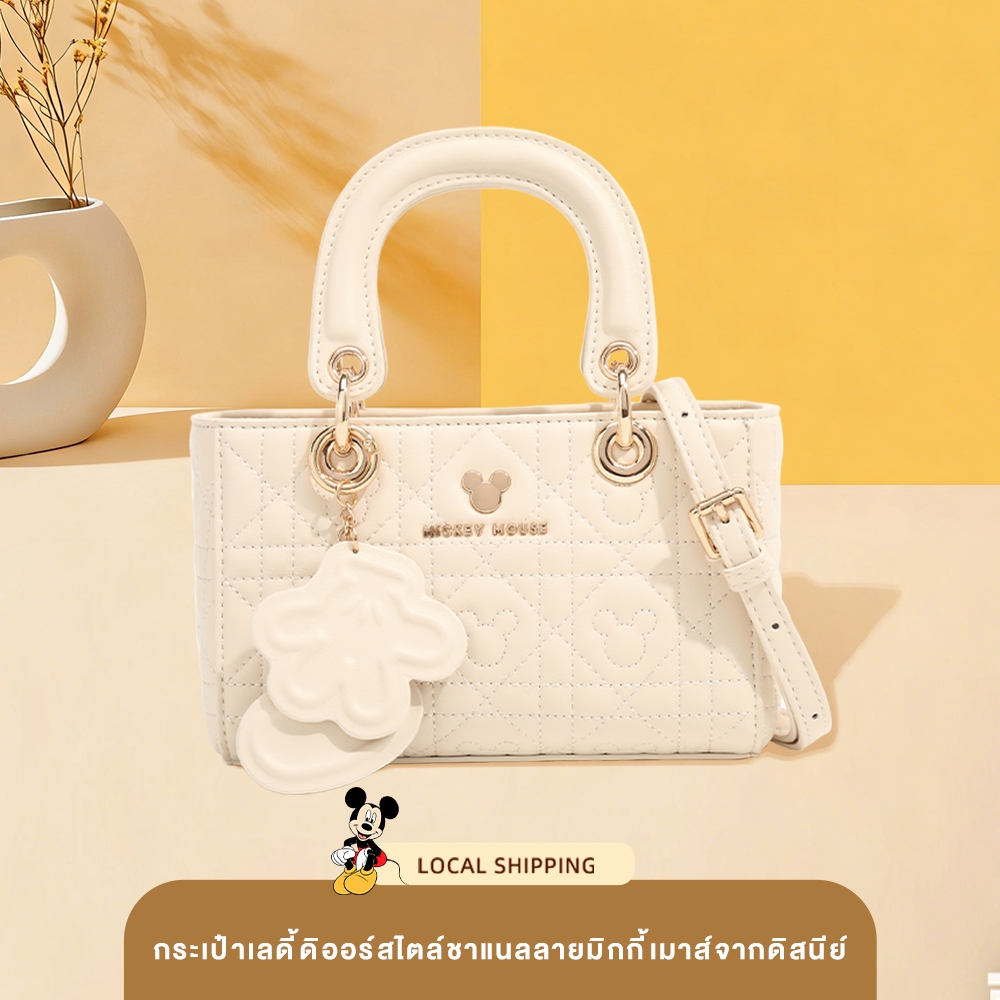 Disney ของแท้ Mickey Mouse กระเป๋าถือโทteil ลาย-quilting สีดำ สำหรับผู้หญิง พกพาสะดวก สามารถถือหรือสะพายได้