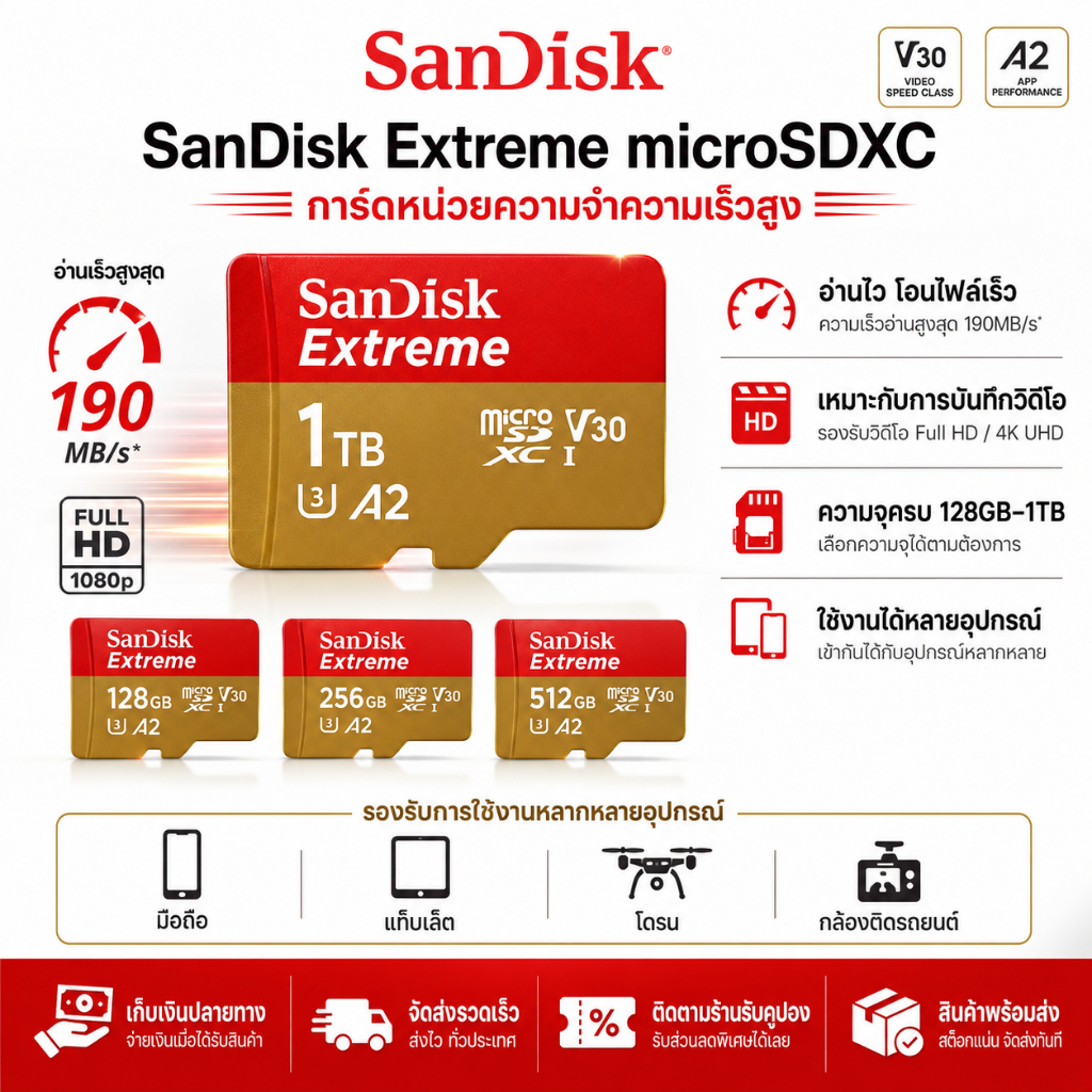 การ์ด SanDisk Extreme microSD 128GB/256GB/512GB/1TB | UHS-I U3 V30 A2 ความเร็วการอ่านสูงสุด 200MB/s | เหมาะสําหรับ โกโปร, โดรน, การบันทึกวิดีโอ 4เค และเกม | ความทนทานสูงเหมาะสําหรับอุปกรณ์ทุกชนิด
