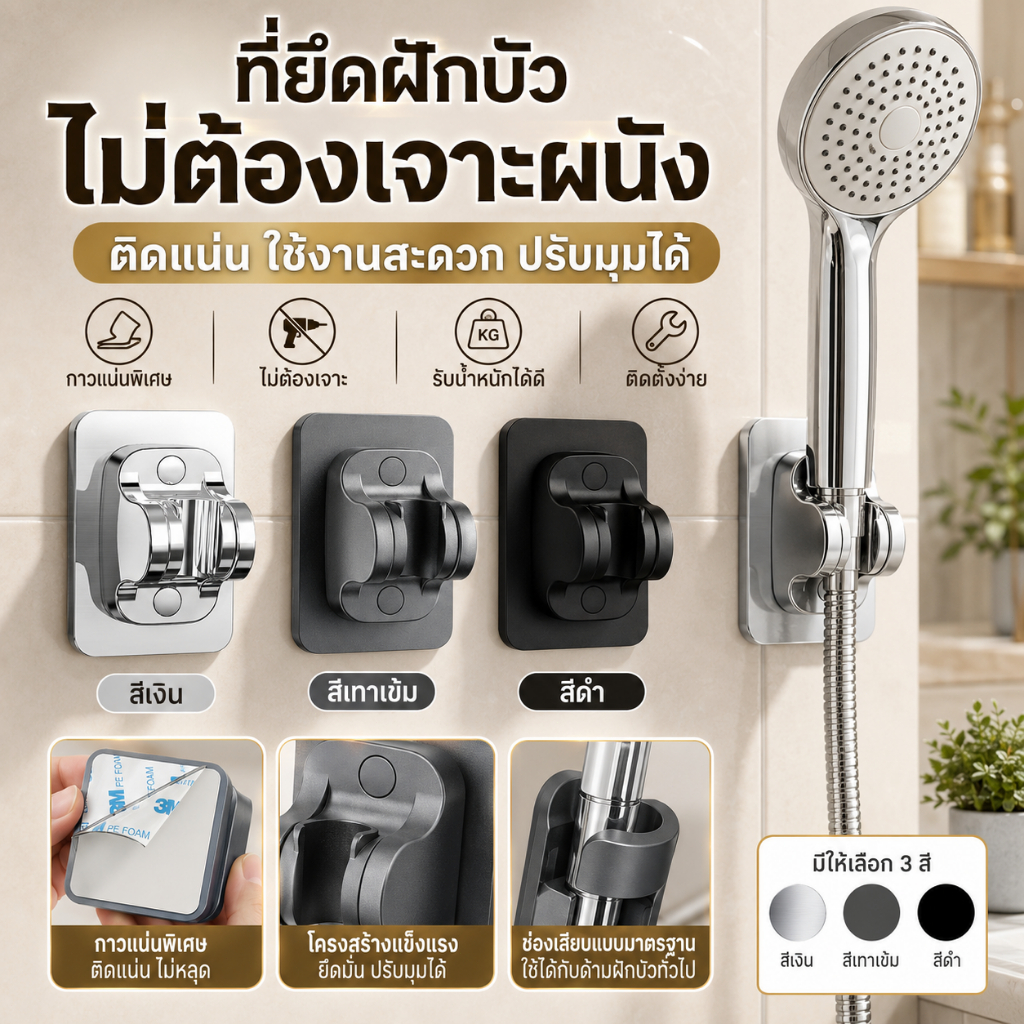 สดที่สุด ที่วางหัวฝักบัวติดผนังแบบเจาะฟรี ลาย้เหนียว ปรับมุมได้ ความจุแบริ่ง แข็งแรง กันน้ํา มีให้เลือกสามสี เหมาะสําหรับห้องน้ํา ติดตั้งง่าย ทนทาน