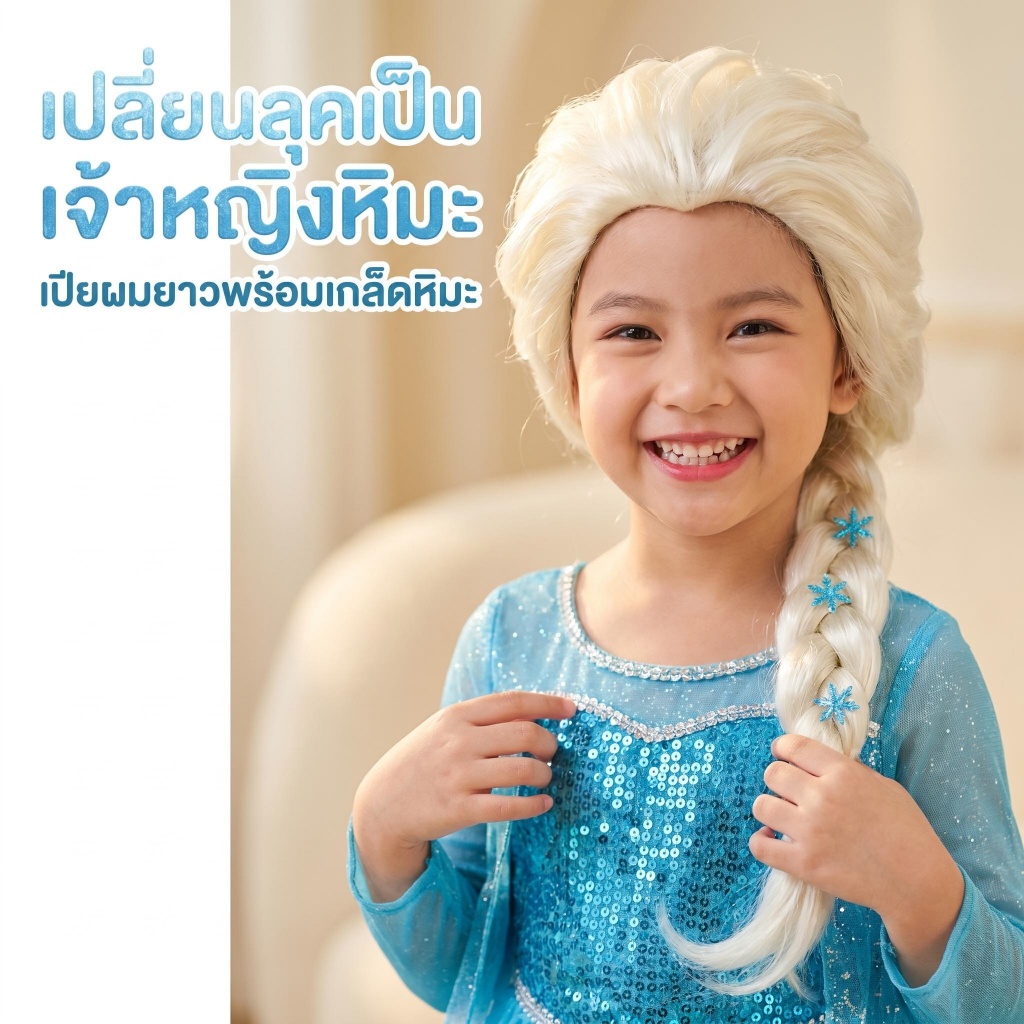 วิกผมเด็กเจ้าหญิงเอลซ่า สีบลอนด์ครีมถักเปียยาว วิกผมคอสเพลย์ พร้อมอุปกรณ์ประดับเกล็ดหิมะ คอสเพลย์ Frozen สำหรับงานปาร์ตี้วันเกิด กิจกรรมโรงเรียน