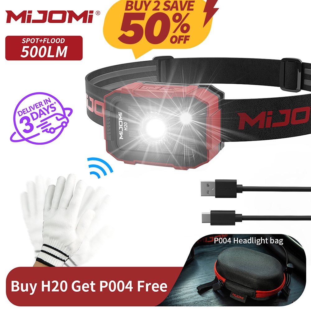 [Buy 2 Save 50%]Mijomi ไฟฉายสวมศีรษะ H20 พร้อมเซนเซอร์จับการเคลื่อนไหว ปรับแสงได้ 500 ลูเมน และไฟสปอตไลท์ LED Christmas gift