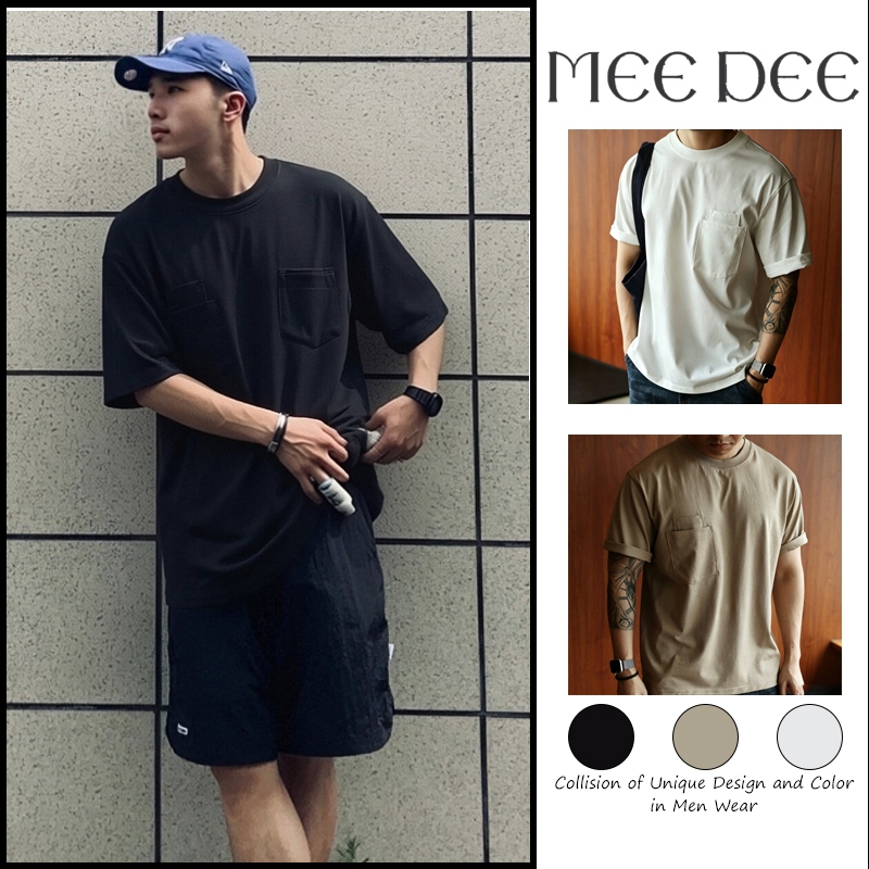 เสื้อยืดผู้ชายสีพื้นคอกลม กระเป๋าคู่ เนื้อผ้านุ่มระบายอากาศ ทรงโอเวอร์ไซส์สไตล์เกาหลี