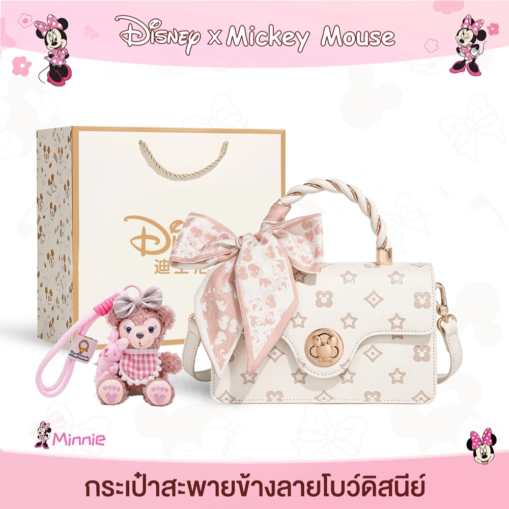 Disney Mickey Mouse Monogram สลิงกระเป๋า Elegant Square กระเป๋าถือผู้หญิงผ้าพันคอผ้าไหม Handle Luxury Crossbody กระเป๋า