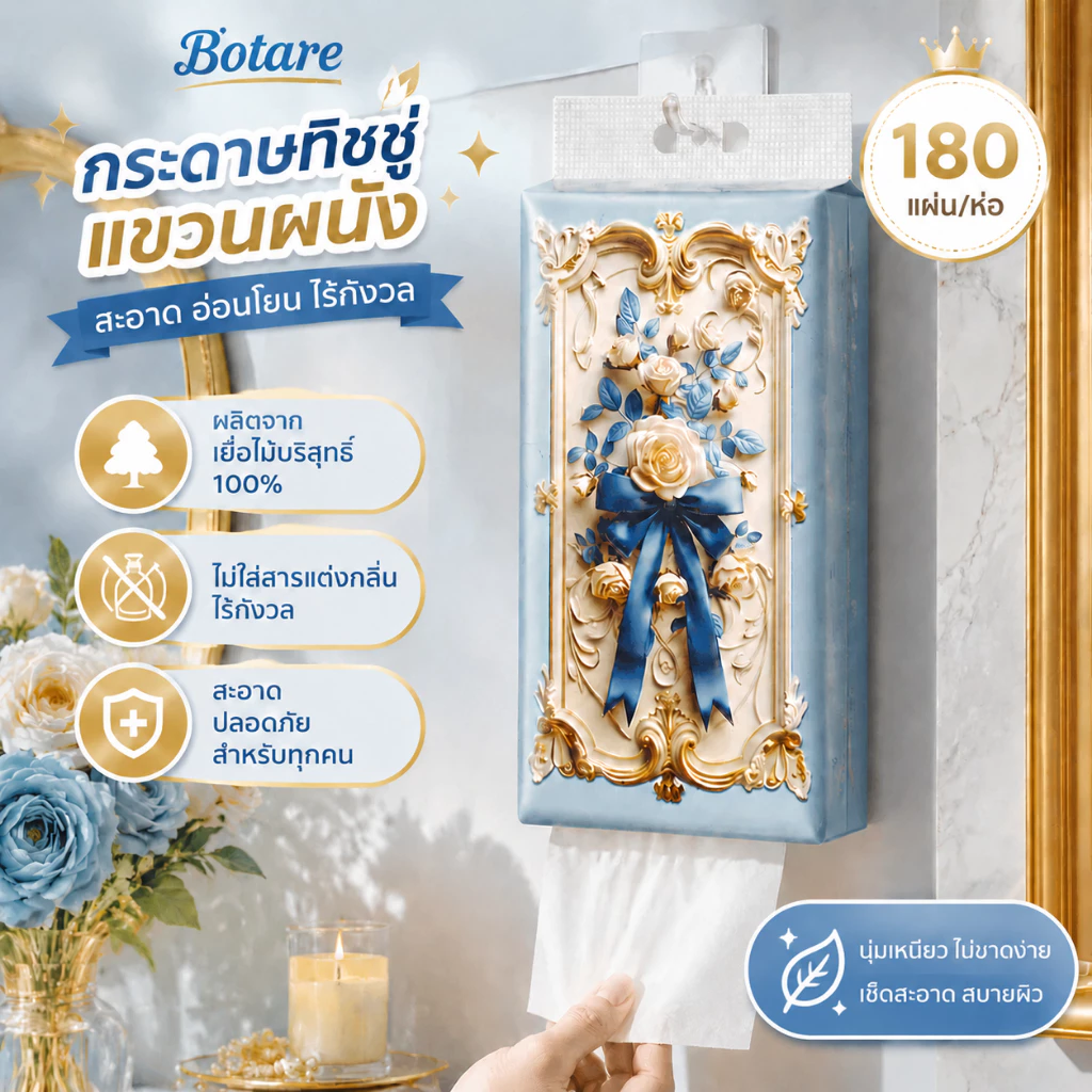 【12 แพ็ค】 ทิชชู่แขวน Botare 180 แผ่น | 130x175 มม | 4 ชั้น แขวนง่ายทั้งบ้าน | นุ่มไม่ขาด ใยไม้ธรรมชาติ