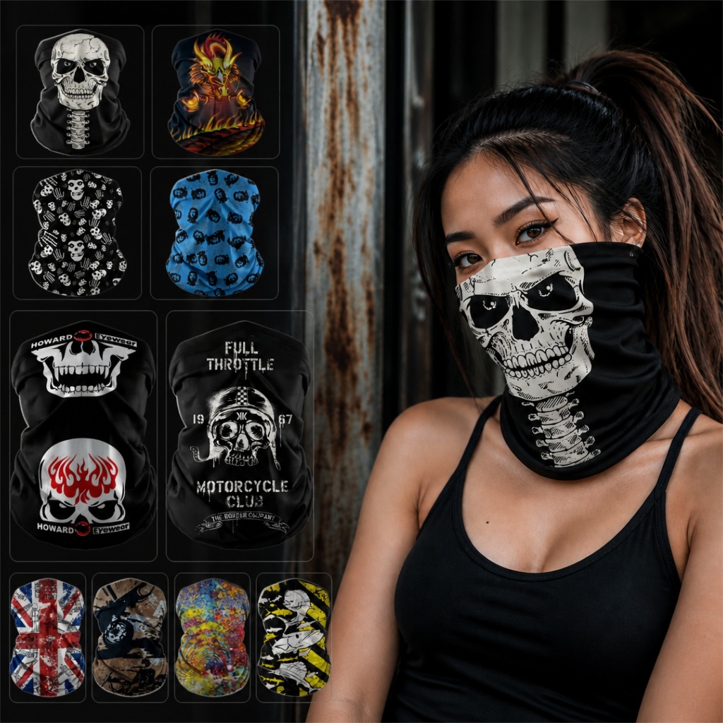 ผ้าบัฟ ผ้าคลุมหน้า 10 ชิ้น ลายกะโหลก สไตล์มอเตอร์ไซค์ มัลติฟังก์ชัน ผ้าไอซ์ซิลค์ กันแดด UV สำหรับขี่มอเตอร์ไซค์ แต่งตัวสตรีท