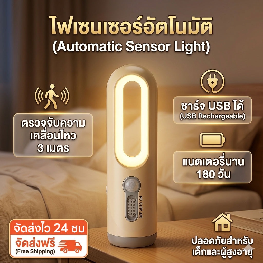 🔥ราคาถูก🔥 ไฟเซนเซอร์ตัวจับความเคลื่อนไหว มีโหมดไฟฉาย ไฟกลางคืน LED ชาร์จ USB มีแม่เหล็กดูด สำหรับทางเดิน/ห้องนอน