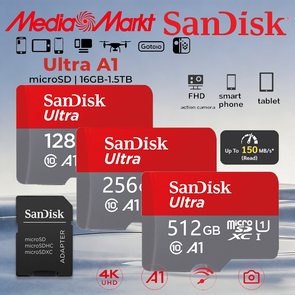 【รับประกัน 5 ปี】(ส่งด่วน) SANDISK Micro SDcard Ultra 32GB/64GB/128GB A1 UHS-I U1 memory card โทรศัพท์ แท็บเล็ต APACER กล้องวงจรปิดความเร็วสูง ลำโพง Class10