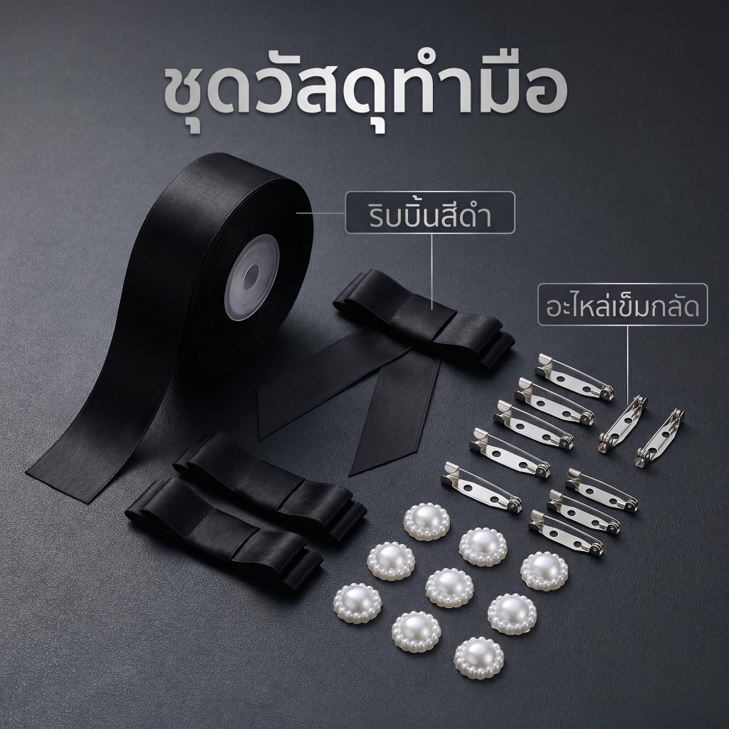 ST.KUNKKA 22m เข็มกลัดโบว์ดำ ไว้อาลัย ชุดDIY ริบบิ้นดำ อุปกรณ์ทำเข็มกลัดงานศพ