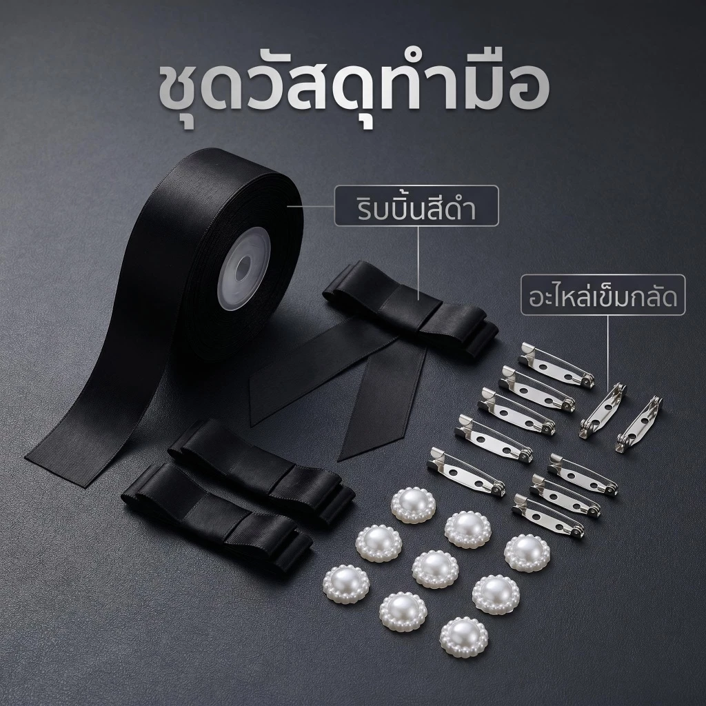 ST.KUNKKA 22m เข็มกลัดโบว์ดำ ไว้อาลัย ชุดDIY ริบบิ้นดำ อุปกรณ์ทำเข็มกลัดงานศพ