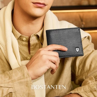 BOSTANTEN กระเป๋าสตางค์ผู้ชายใบสั้น สไตล์คลาสสิก หนัง PU ช่องใส่บัตรถอดได้ พร้อมกล่องของขวัญ