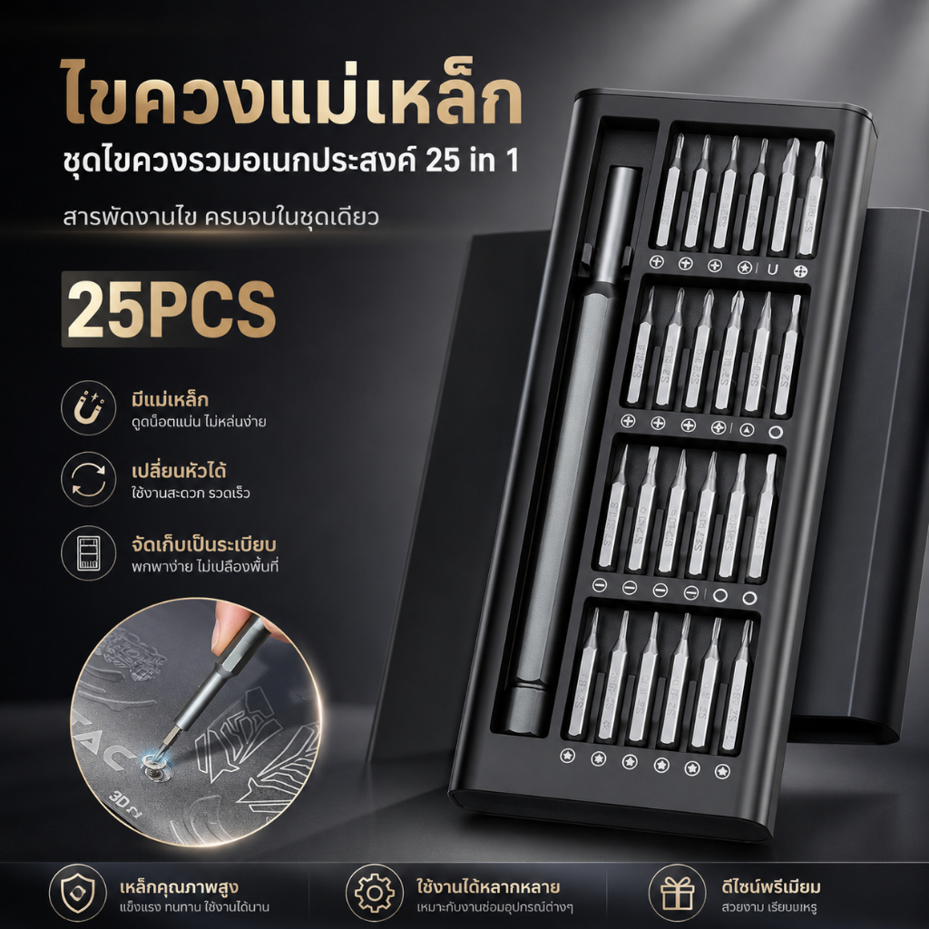 ชุดไขควงแม่เหล็ก 25 in 1 ไขควงอเนกประสงค์ ชุดซ่อมมือถือ ซ่อมคอมพิวเตอร์ โน๊ตบุ๊ค นาฬิกา แว่นตา อุปกรณ์อิเล็กทรอนิกส์ A00257