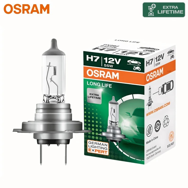 OSRAM LONG LIFE H7 ไฟหน้ารถฮาโลเจนโคมไฟอัตโนมัติ PX26d 12V 55W ทนทานยิ่งขึ้น 3200K สีขาวมาตรฐาน High