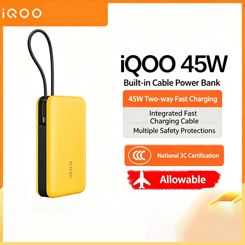 iQOO 33W 10000mAh/ 45W 20000 0mAh Built-in cable Powerbank Fast Charging Travel Friendly Airplane Approved CCC Certification