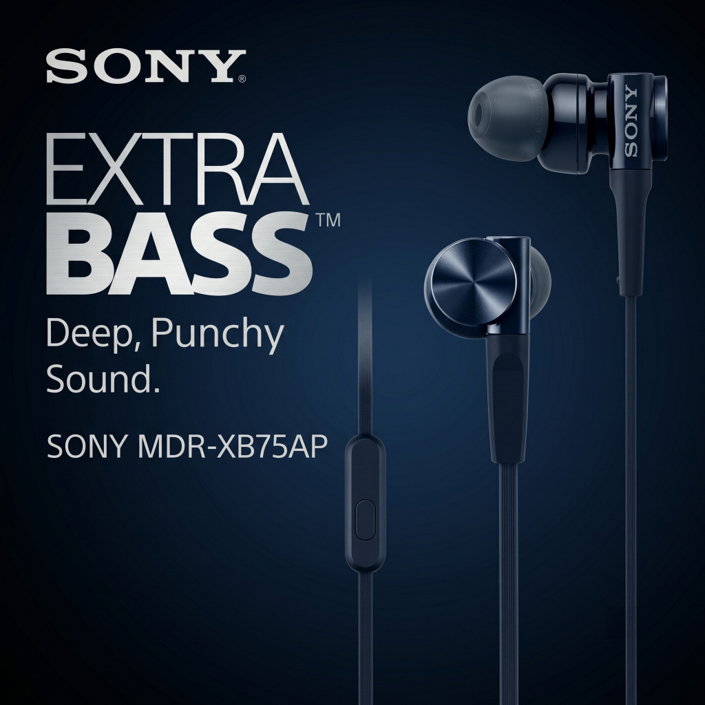 SONY MDR-XB75AP EXTRA BASS หูฟังชนิดใส่ในหูอินไลน์ Mic & Remote 12 มม. Neodymium Driver Tangle-ฟรีสายอลูมิเนียม 4 ขนาดหูฟังและกระเป๋า - สีดํา